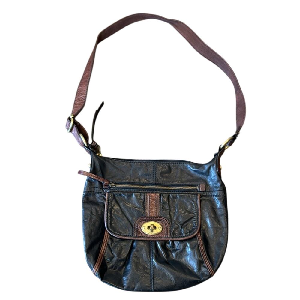 Fossil Vintage Two Toned Genuine Leather Crossbody Bag Black Brown